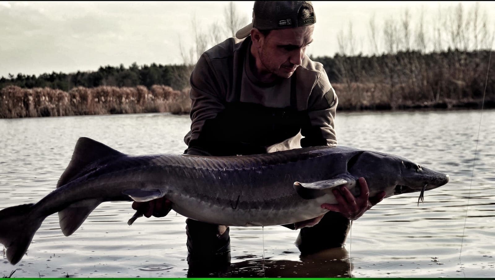 Wędkarz z okazałym jesiotrem złowionym na Big Fish Lake