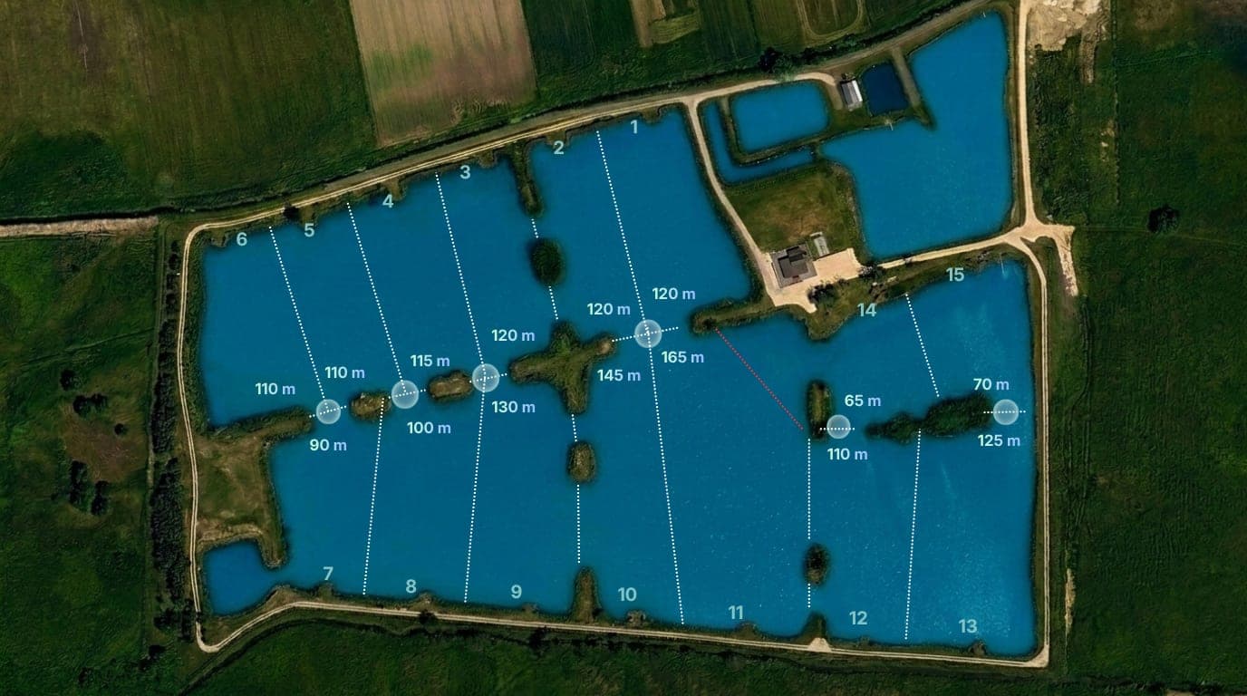 Mapa łowiska Big Fish Lake z lotu ptaka, rozmieszczenie 15 numerowanych stanowisk i odległości